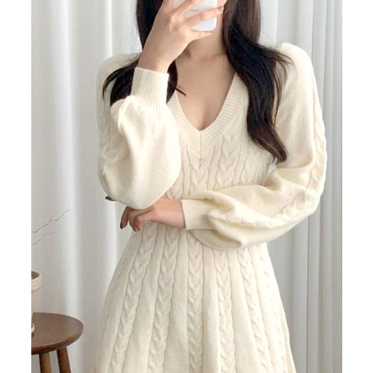 ケーブルニットミニワンピース セーター Vネック | Riff | 詳細画像19 