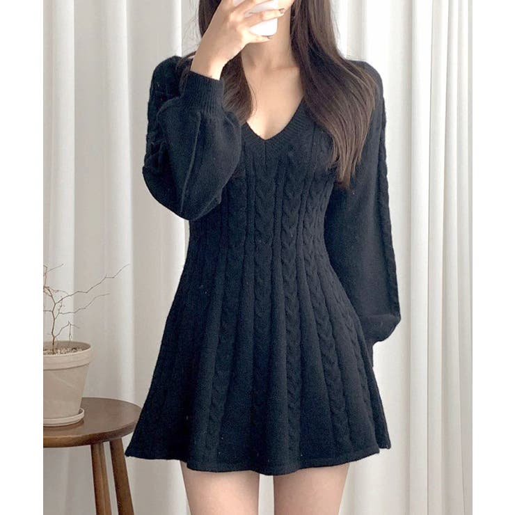 ケーブルニットミニワンピース セーター Vネック | Riff | 詳細画像2 