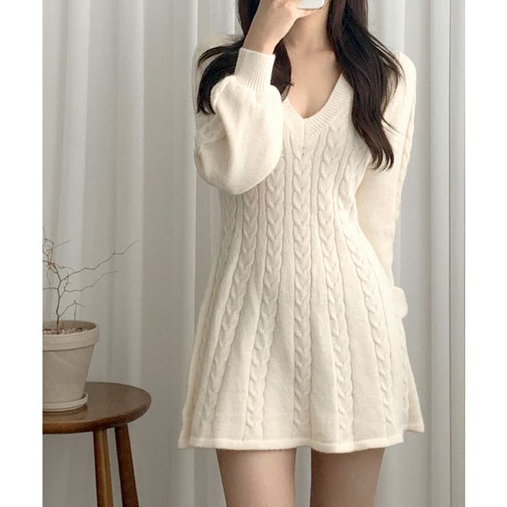 ケーブルニットミニワンピース セーター Vネック | Riff | 詳細画像20 