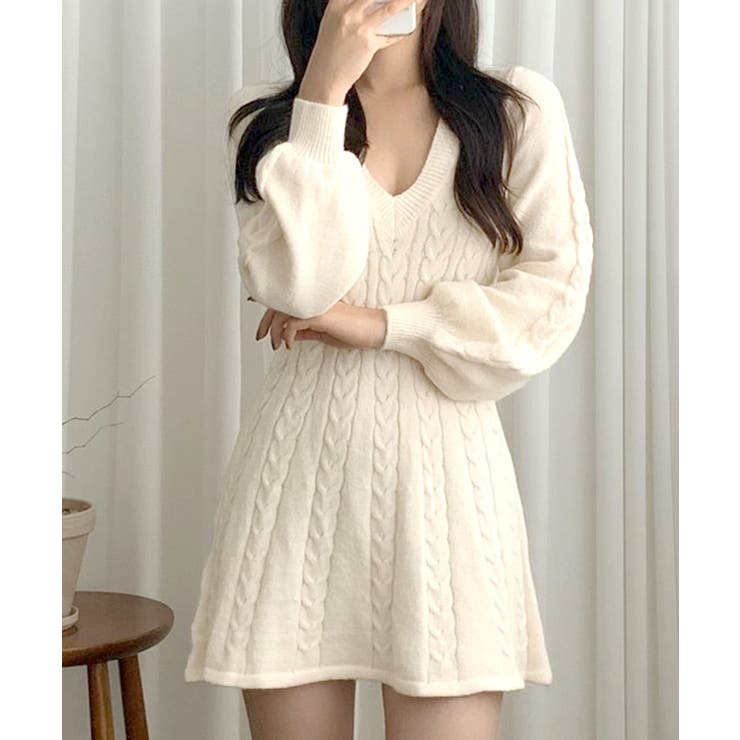 ケーブルニットミニワンピース セーター Vネック | Riff | 詳細画像22 