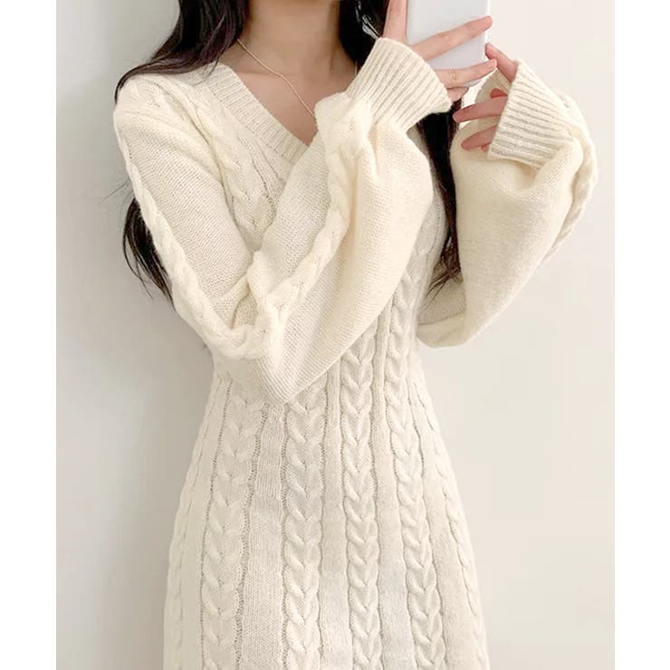 ケーブルニットミニワンピース セーター Vネック | Riff | 詳細画像24 