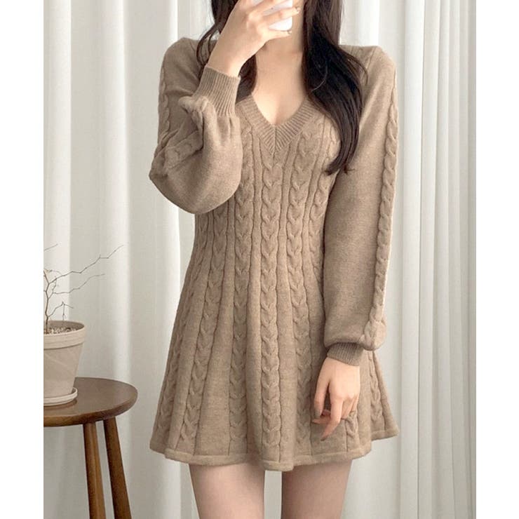 ケーブルニットミニワンピース セーター Vネック | Riff | 詳細画像26 