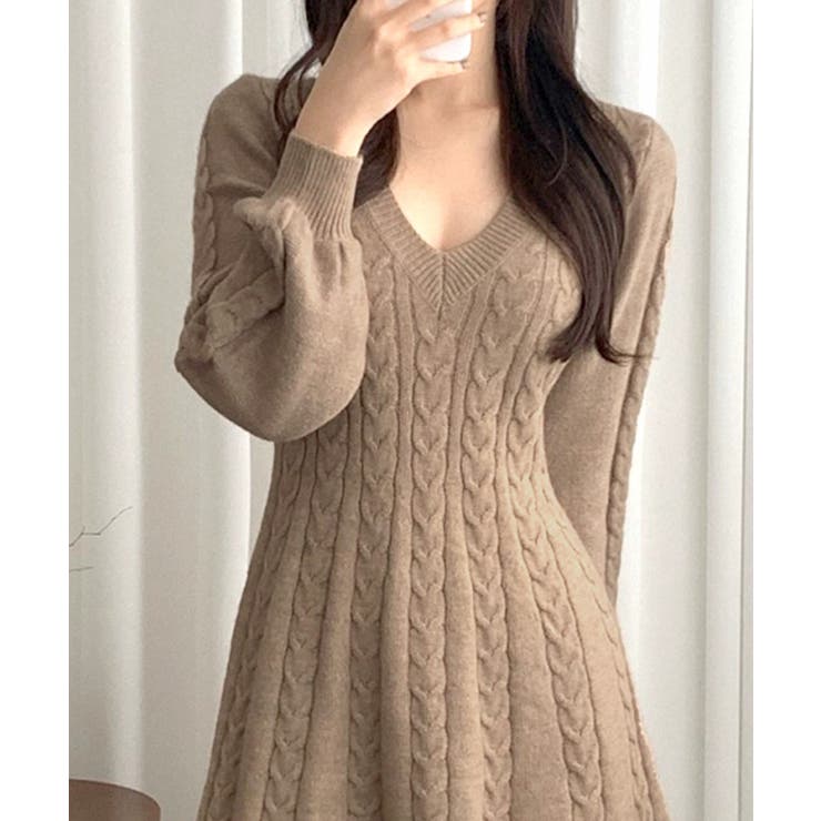 ケーブルニットミニワンピース セーター Vネック | Riff | 詳細画像27 