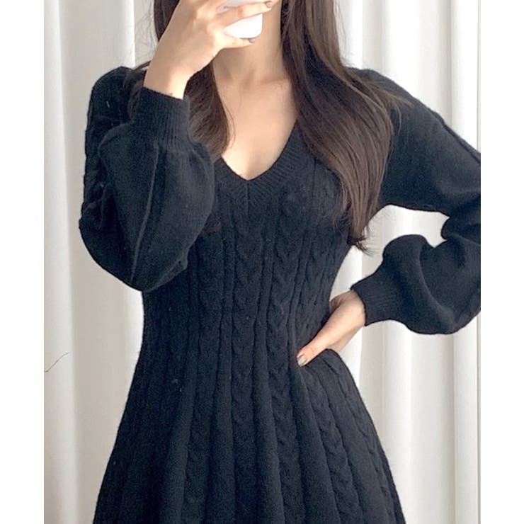 ケーブルニットミニワンピース セーター Vネック | Riff | 詳細画像3 