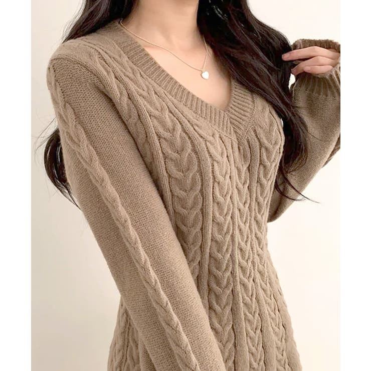 ケーブルニットミニワンピース セーター Vネック | Riff | 詳細画像30 