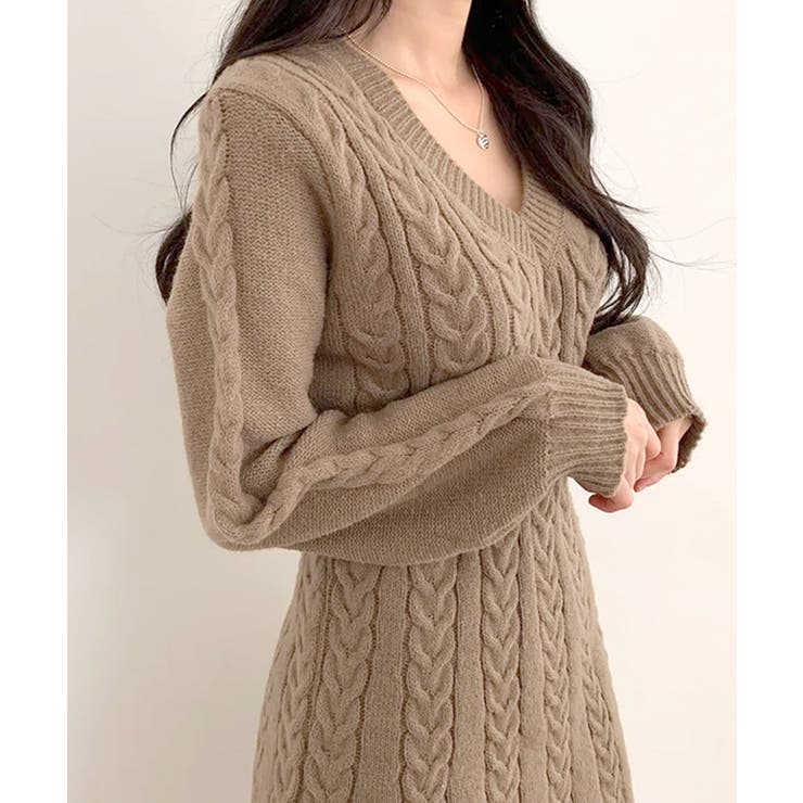 ケーブルニットミニワンピース セーター Vネック | Riff | 詳細画像31 