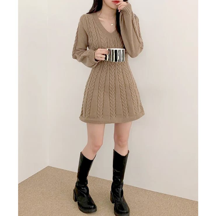 ケーブルニットミニワンピース セーター Vネック | Riff | 詳細画像33 