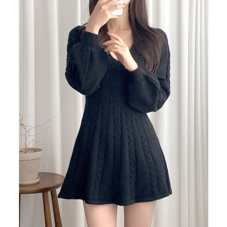 ケーブルニットミニワンピース セーター Vネック | Riff | 詳細画像4 