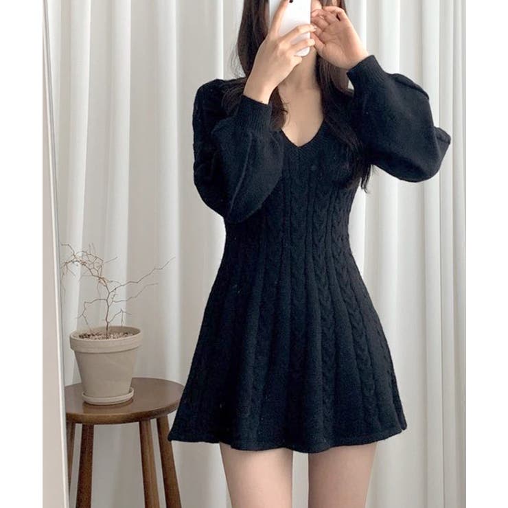 ケーブルニットミニワンピース セーター Vネック | Riff | 詳細画像5 