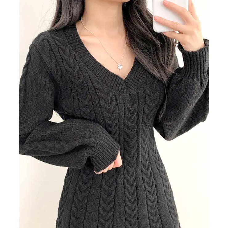 ケーブルニットミニワンピース セーター Vネック | Riff | 詳細画像7 