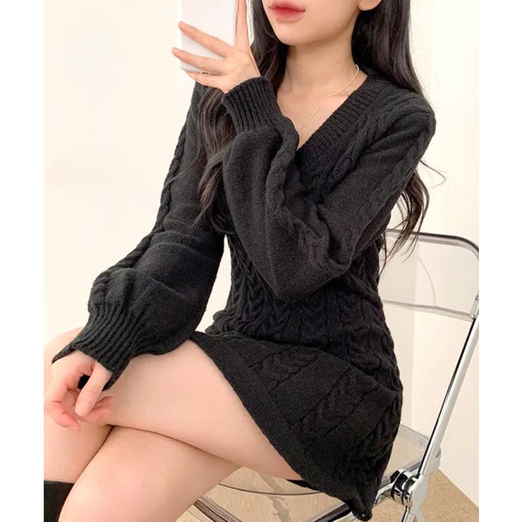 ブラック | ケーブルニットミニワンピース セーター Vネック | Riff