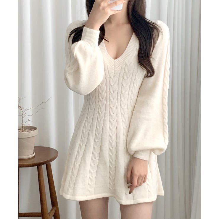 アイボリー | ケーブルニットミニワンピース セーター Vネック | Riff