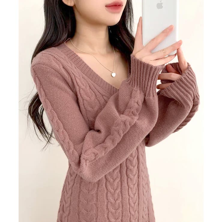 ピンク | ケーブルニットミニワンピース セーター Vネック | Riff