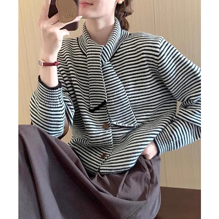 ブラック | ボーダーカーディガン&ニットタイ チョーカー スカーフ | Riff