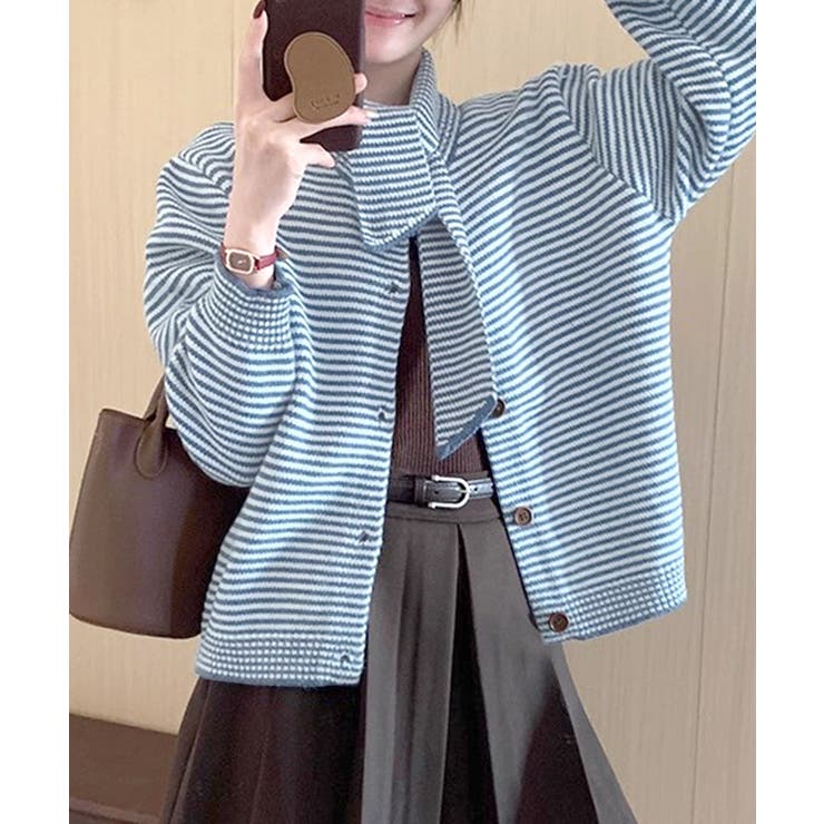 ブルー | ボーダーカーディガン&ニットタイ チョーカー スカーフ | Riff
