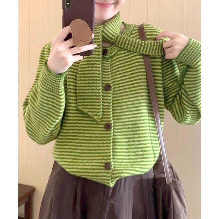 グリーン | ボーダーカーディガン&ニットタイ チョーカー スカーフ | Riff