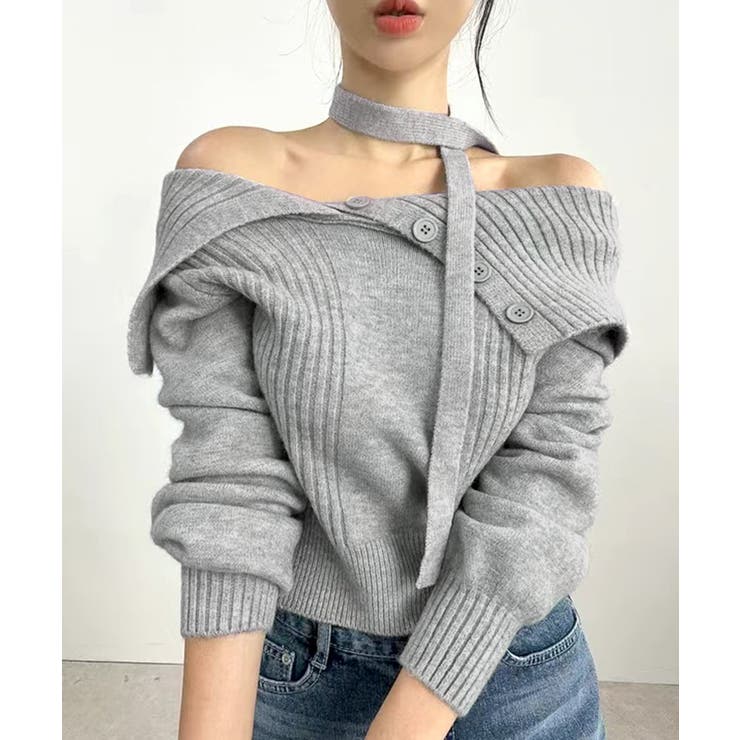 [2点セット] アシメオフショルニット&チョーカー リボン | Riff | 詳細画像15 