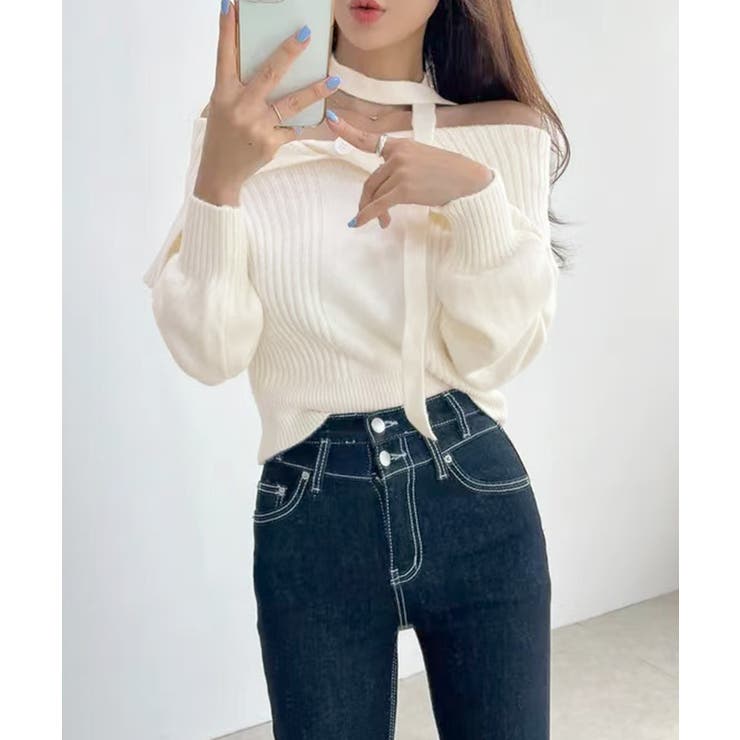 [2点セット] アシメオフショルニット&チョーカー リボン | Riff | 詳細画像5 