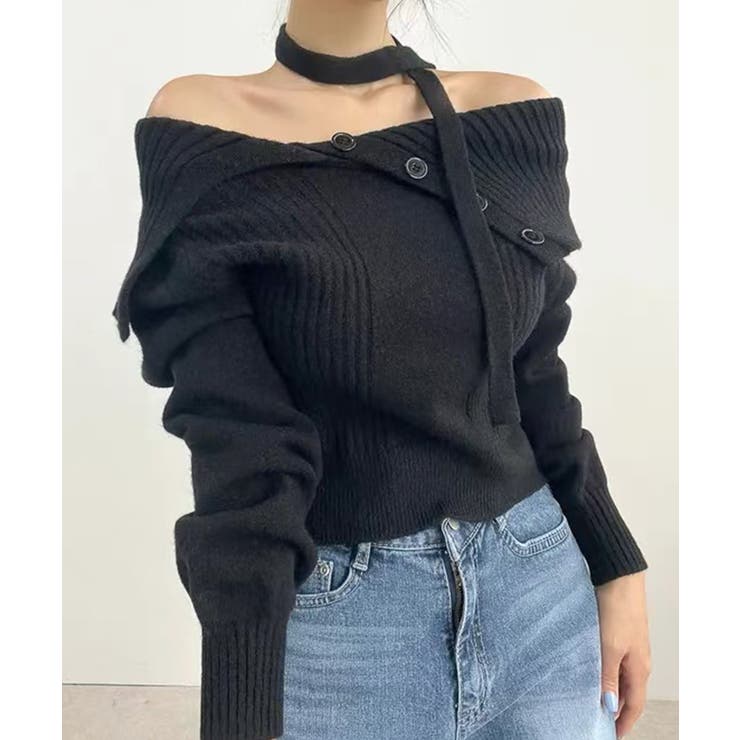 [2点セット] アシメオフショルニット&チョーカー リボン | Riff | 詳細画像7 