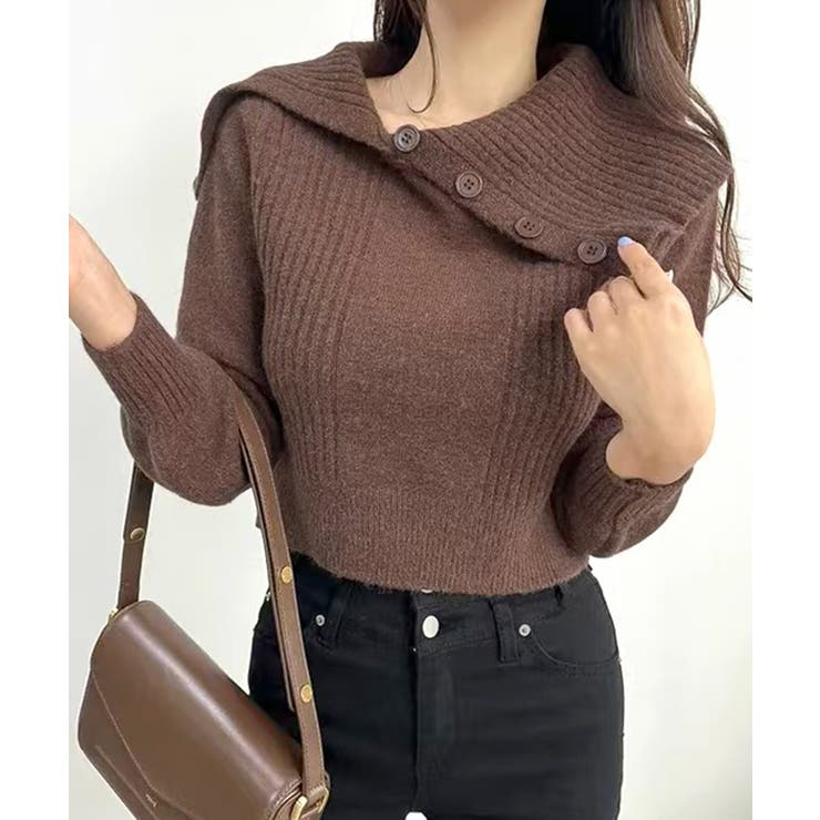 ブラウン | [2点セット] アシメオフショルニット&チョーカー リボン | Riff