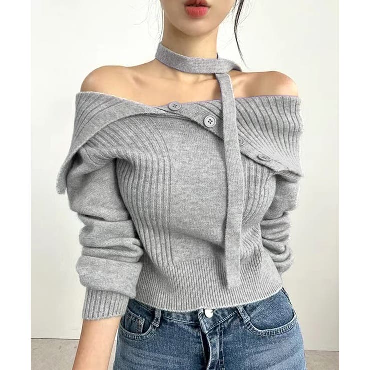 グレー | [2点セット] アシメオフショルニット&チョーカー リボン | Riff