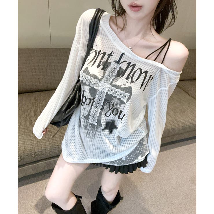 ホワイト | ワンショルシアークロストップス ロゴプリント ロンT | Riff