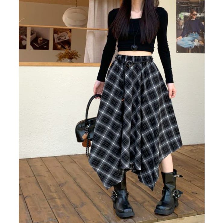 アシンメトリーチェック柄ロングスカート アシンメトリースカート フレアスカート | Riff | 詳細画像10 