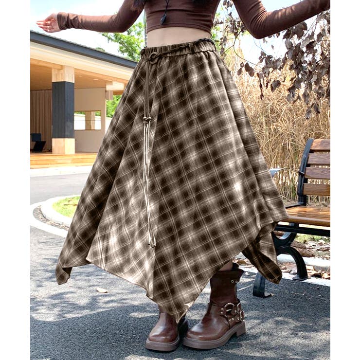 アシンメトリーチェック柄ロングスカート アシンメトリースカート フレアスカート | Riff | 詳細画像11 