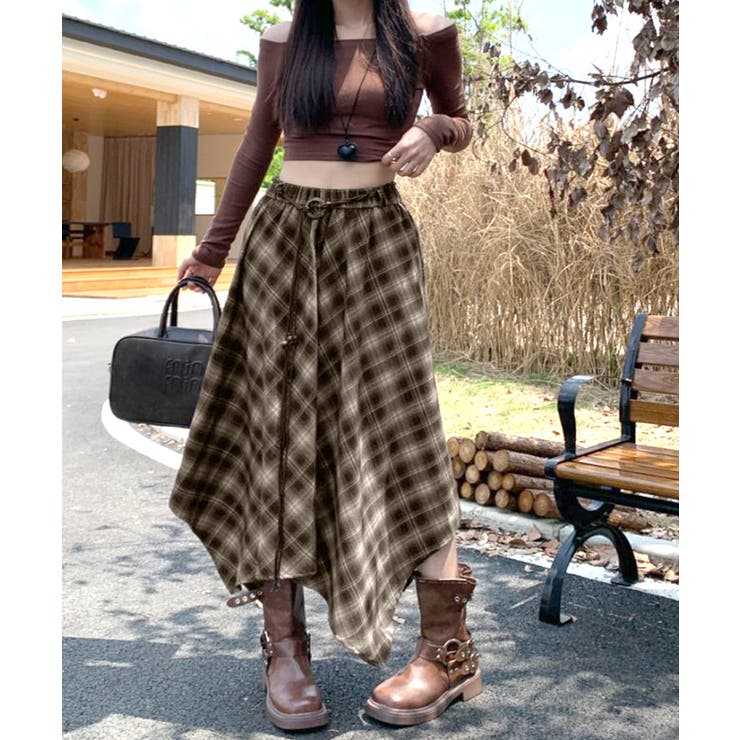 アシンメトリーチェック柄ロングスカート アシンメトリースカート フレアスカート | Riff | 詳細画像12 