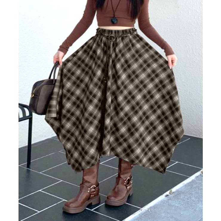 アシンメトリーチェック柄ロングスカート アシンメトリースカート フレアスカート | Riff | 詳細画像13 