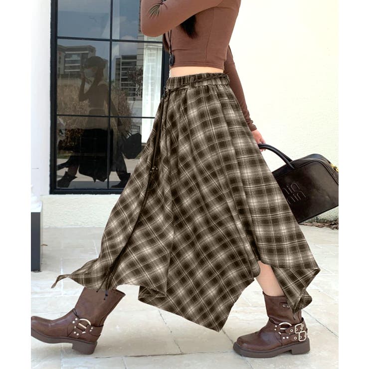 アシンメトリーチェック柄ロングスカート アシンメトリースカート フレアスカート | Riff | 詳細画像14 