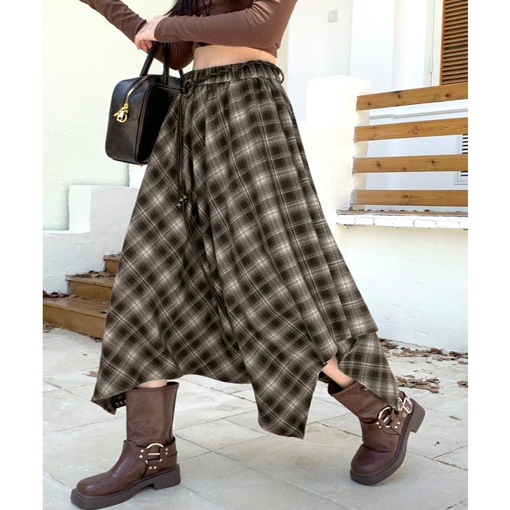 アシンメトリーチェック柄ロングスカート アシンメトリースカート フレアスカート | Riff | 詳細画像15 