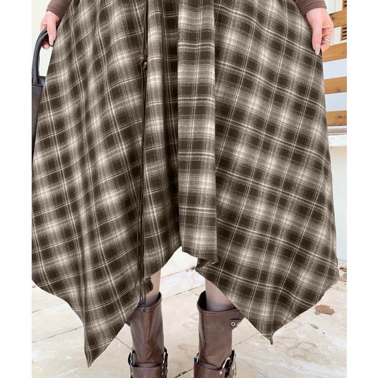 アシンメトリーチェック柄ロングスカート アシンメトリースカート フレアスカート | Riff | 詳細画像18 