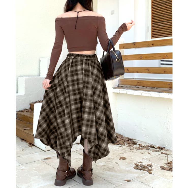 アシンメトリーチェック柄ロングスカート アシンメトリースカート フレアスカート | Riff | 詳細画像19 