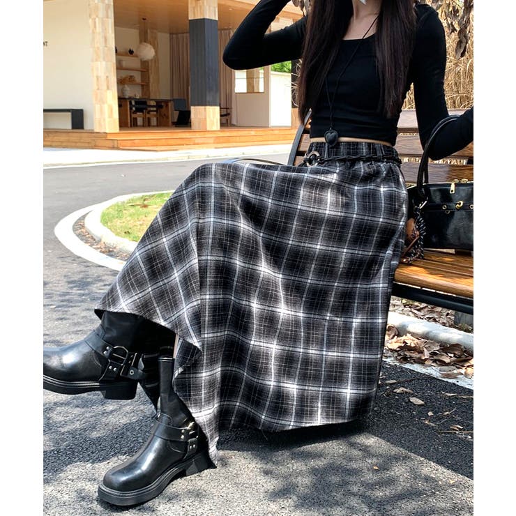 アシンメトリーチェック柄ロングスカート アシンメトリースカート フレアスカート | Riff | 詳細画像2 