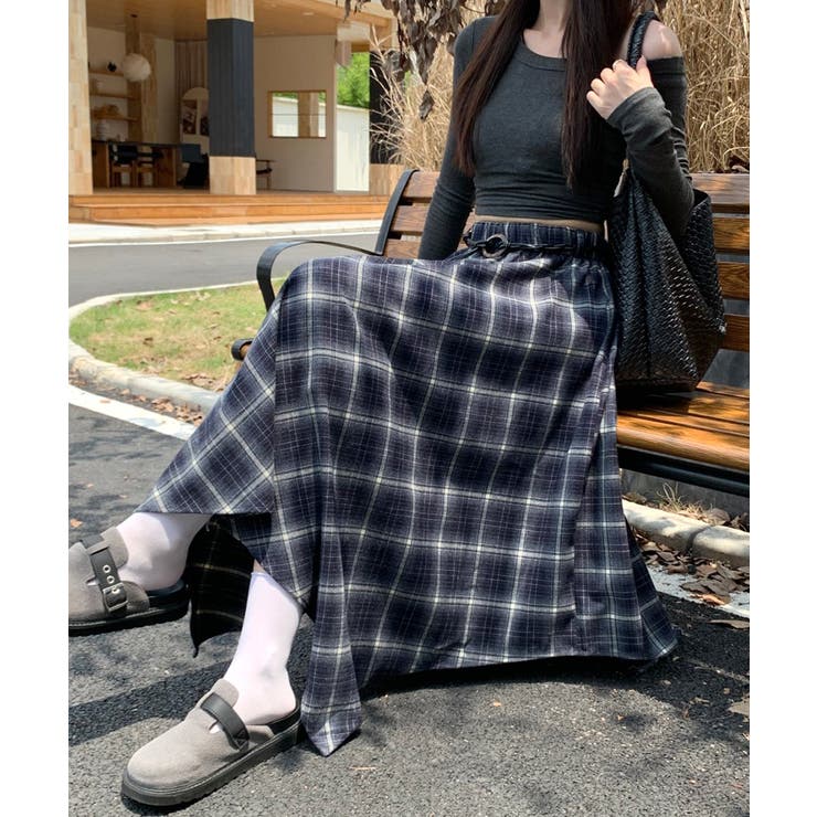 アシンメトリーチェック柄ロングスカート アシンメトリースカート フレアスカート | Riff | 詳細画像20 