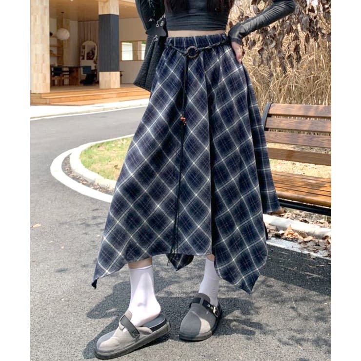 アシンメトリーチェック柄ロングスカート アシンメトリースカート フレアスカート | Riff | 詳細画像21 