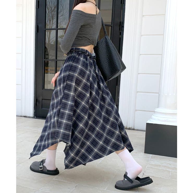 アシンメトリーチェック柄ロングスカート アシンメトリースカート フレアスカート | Riff | 詳細画像22 