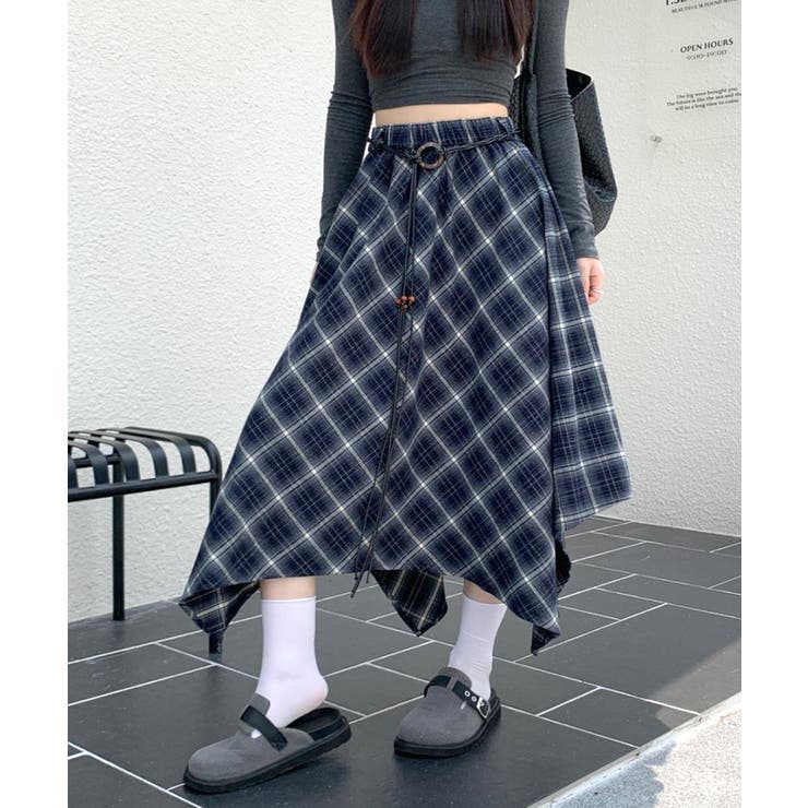 アシンメトリーチェック柄ロングスカート アシンメトリースカート フレアスカート | Riff | 詳細画像23 