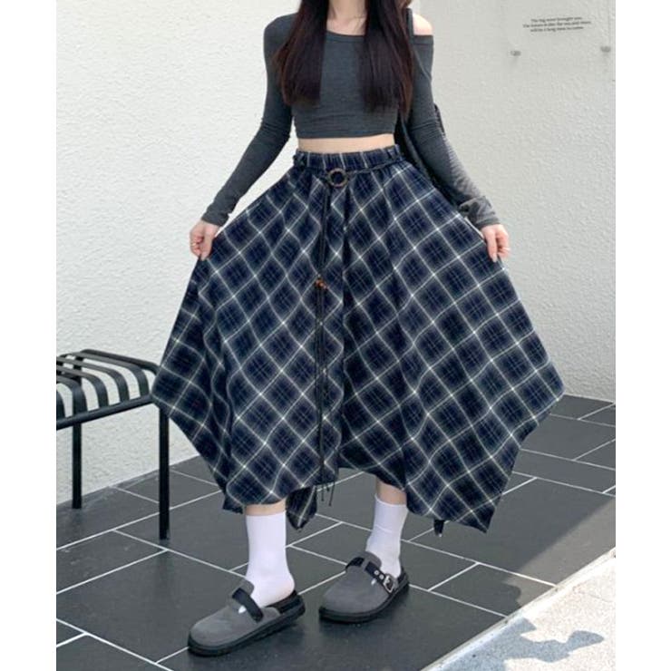 アシンメトリーチェック柄ロングスカート アシンメトリースカート フレアスカート | Riff | 詳細画像24 
