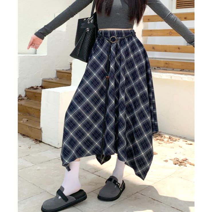 アシンメトリーチェック柄ロングスカート アシンメトリースカート フレアスカート | Riff | 詳細画像25 