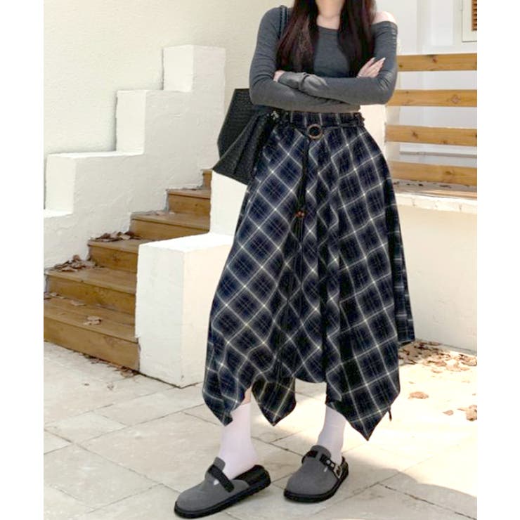 アシンメトリーチェック柄ロングスカート アシンメトリースカート フレアスカート | Riff | 詳細画像27 