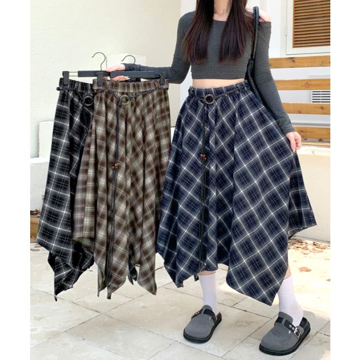 アシンメトリーチェック柄ロングスカート アシンメトリースカート フレアスカート | Riff | 詳細画像28 