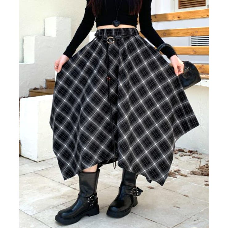 アシンメトリーチェック柄ロングスカート アシンメトリースカート フレアスカート | Riff | 詳細画像5 
