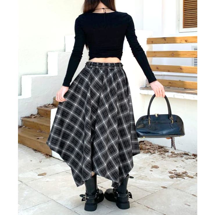 アシンメトリーチェック柄ロングスカート アシンメトリースカート フレアスカート | Riff | 詳細画像6 