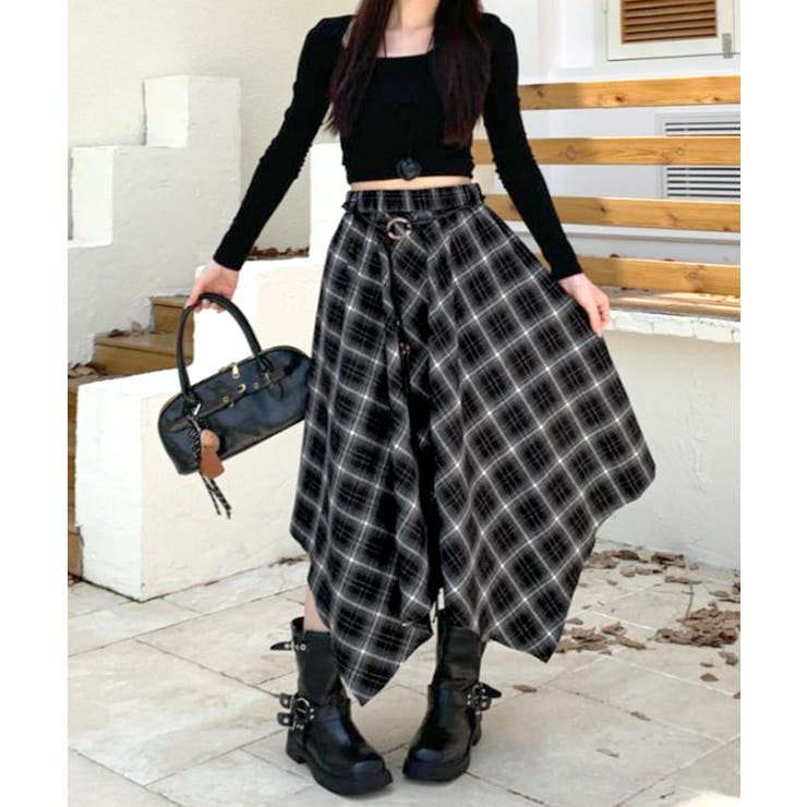 アシンメトリーチェック柄ロングスカート アシンメトリースカート フレアスカート | Riff | 詳細画像7 