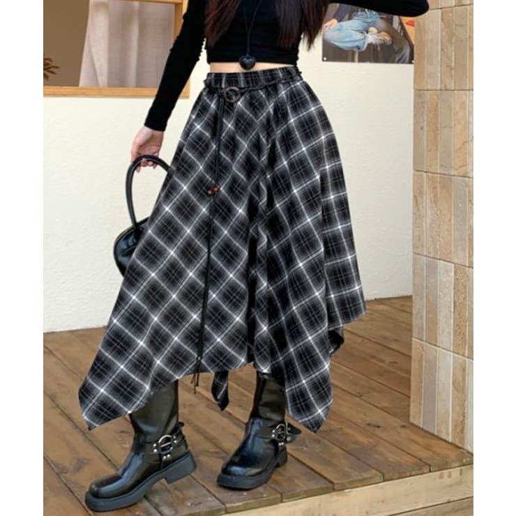 アシンメトリーチェック柄ロングスカート アシンメトリースカート フレアスカート | Riff | 詳細画像8 