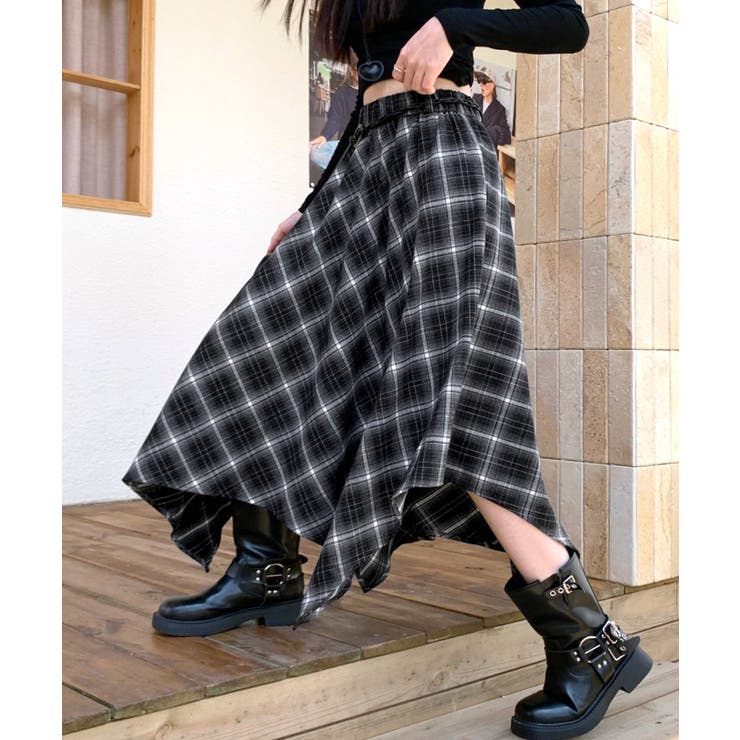 ブラック | アシンメトリーチェック柄ロングスカート アシンメトリースカート フレアスカート | Riff
