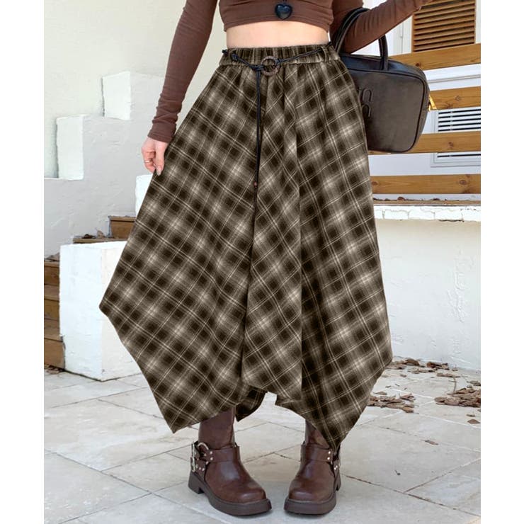 ブラウン | アシンメトリーチェック柄ロングスカート アシンメトリースカート フレアスカート | Riff