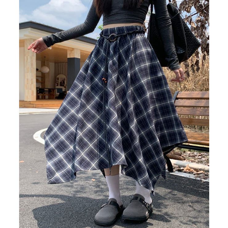 ネイビー | アシンメトリーチェック柄ロングスカート アシンメトリースカート フレアスカート | Riff